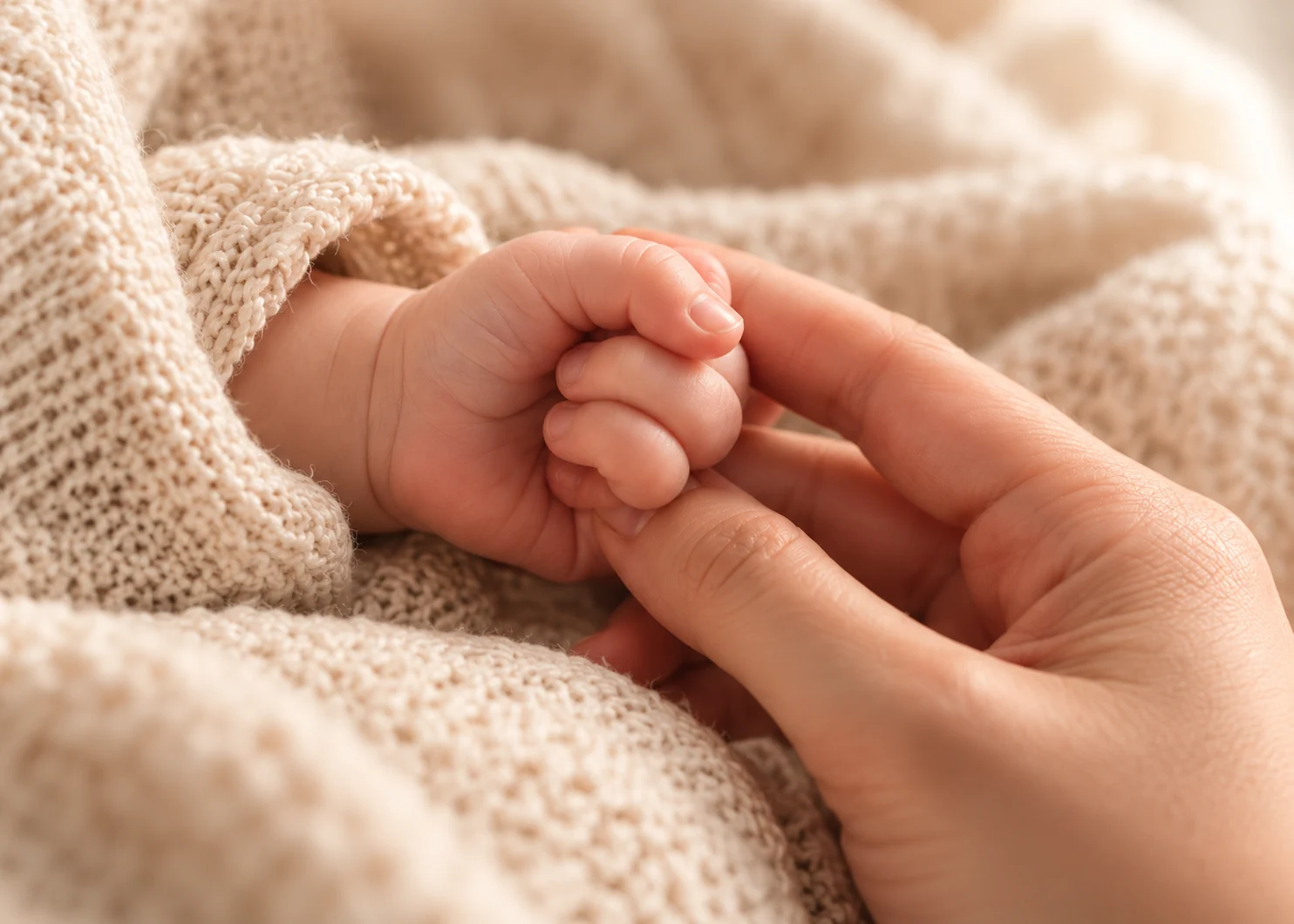 Bir yetişkinin parmağını tutan küçük bir bebek eli